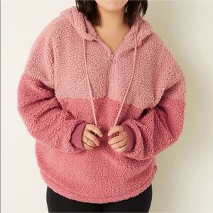 PINK VICTORIA’S SECRET Varsity Sherpa Half Zip Pullover Pink Colorblock Med NWT